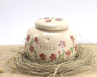 Cherry Red Forget me not White pet Urn, Ceramic Urn for Ashes, simple pet urn