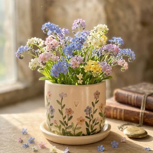 May include: A ceramic flower pot with a matching saucer, filled with a bouquet of colorful forget-me-nots. The pot is cream-colored and decorated with painted flowers and a heart. The flowers are in shades of blue, pink, and yellow.
