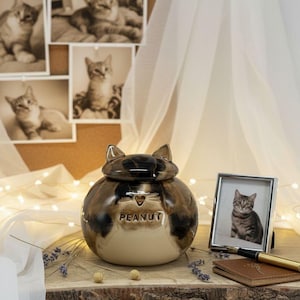 Peut inclure: Urne funéraire pour chat en céramique, avec couvercle, finition métallique marron et argent. Le mot "PEANUT" est inscrit sur le devant. Une photo encadrée de chat, ainsi que d'autres photos de chats, sont affichées à proximité. L'urne est sur une surface en bois.