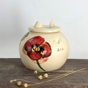 Poppies Cat Urn, Ceramic Urn for Ashes, Creamation Urn, Pottery Urn for Pets, Cat Urn