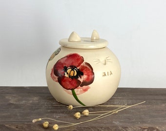 Poppies Cat Urn, Ceramic Urn for Ashes, Creamation Urn, Pottery Urn for Pets, Cat Urn
