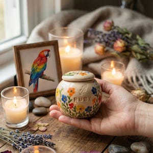 May include: A hand-painted ceramic urn with a lid, decorated with colourful flowers. The word "RUBY" is written on the side. A framed picture of a parrot and lit candles are in the background.