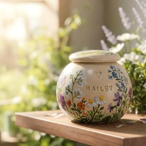 May include: A spherical, cream-coloured ceramic jar with a lid, hand-painted with colourful flowers and foliage. The name "HAILEY" is inscribed on the front. The jar sits on a wooden shelf, with a blurred background of greenery and sunlight.