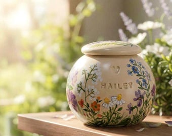 Puede incluir: Un tarro de cerámica redondo, color crema, con tapa, pintado a mano con flores y vegetación coloridas. El nombre "HAILEY" está inscrito en la parte delantera. El tarro está sobre una estantería de madera, con un fondo borroso de vegetación y luz solar.