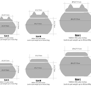 May include: Diagram of three sizes of pet food bowls, labeled S, M, and L. Each bowl has a rounded base and a top with ear-like shapes. Measurements are in inches and centimeters, with volume in cubic inches and milliliters. The bowls are designed to suit pets of different weights.