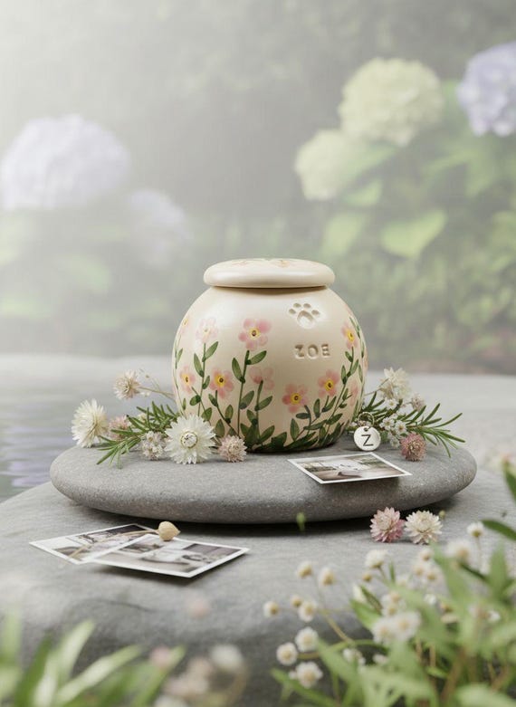 Ceramic Pet Urn: Baby Pink Forget-Me-Not Flowers, Personalized