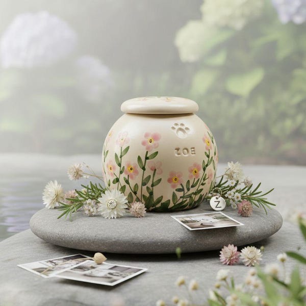 Ceramic Pet Urn: Baby Pink Forget-Me-Not Flowers, Personalized