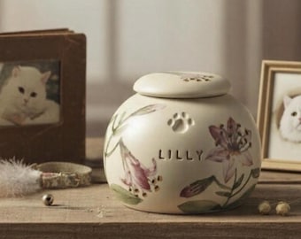 Handpainted Lily Pet Urn: Ceramic Animal Ashes Urn