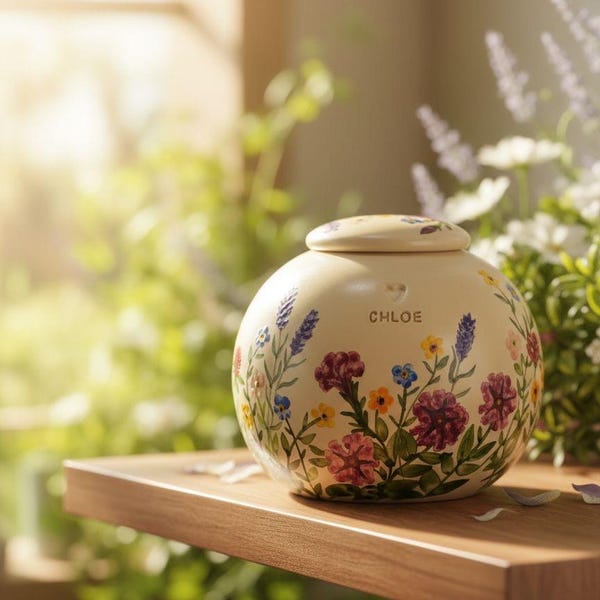 Urna humana de pradera de flores silvestres, urna de jardín eterno, urna floral pintada a mano con flores en flor