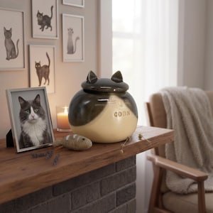 Gray and white cat urn, gray white cat urn, spotted gray white cat urn, gray and white dog urn