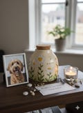 Daisies Pet urn, Daisy dog urn, yellow flowers pet urn product logo