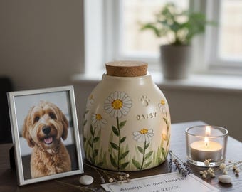 Urna per animali domestici con margherite, urna per cani con margherite, urna per animali domestici con fiori gialli