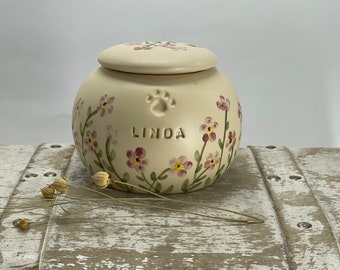 Pink Forget me not White pet Urn, Ceramic Urn for Ashes, simple pet urn