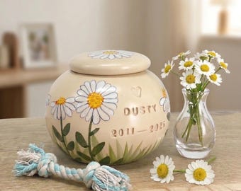 Daisy Cat Urn, yellow cat urn, Creamation Urn, Pottery Urn for Pets, Cat Urn
