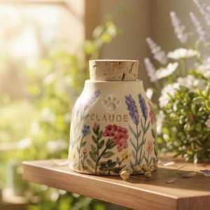 Könnte beinhalten: Keramik-Tierurne mit Korken, handbemalt mit bunten Blumen und Lavendelzweigen. Der Name "CLAUDE" steht auf der Vorderseite, darüber ein Pfotenabdruck. Die Urne steht auf einem Holzregal.