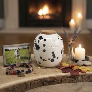 Dalmatische urn, gevlekte urn, aardewerk urn, vlekkenurn zwarte en witte vlekken