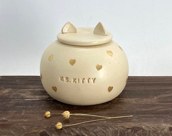 Golden hearts pet Urn, rainbow cat  Urn for Ashes, rainbow Creamation Urn, Pottery Urn for Pets, Cat Urn