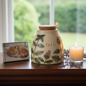 Basil urn, spices urn, cat urn, grass, timian