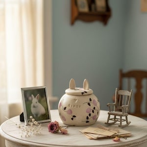 Ceramic Bunny Pet Urn: Rose Pattern Pottery Urn for Ashes