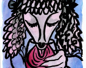 Poodle with Wine - Mixed Media - Small Illustration - 5.5 x 5 inches - Original Art