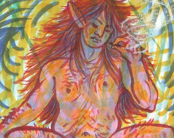 Smoking Satyr - Erotic Trans Ink Illustration - 7.5 x 9 inches - Original Art