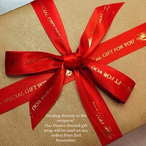 May include: A brown package wrapped in red ribbon with gold lettering that reads "Special Gift For You". The text "Sending directly to the recipient? Our Festive themed gift wrap will be used on any orders from 2nd November." is printed on the package.