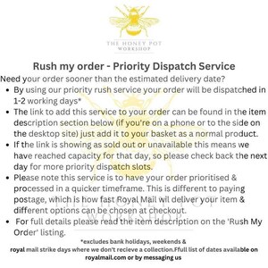 May include: A text-based graphic with the title "Rush my order - Priority Dispatch Service". The graphic explains how to use a priority rush service to expedite order processing and shipping. It also mentions that the service is different from paying for faster postage.
