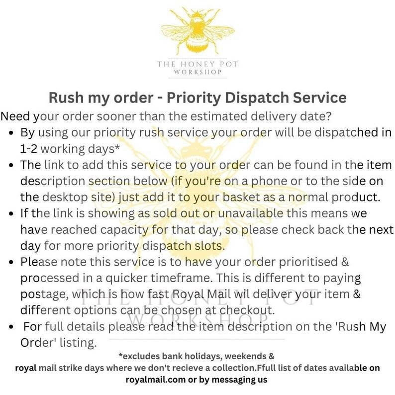 May include: A text-based graphic with the title "Rush my order - Priority Dispatch Service". The graphic explains how to use a priority rush service to expedite order processing and shipping. It also mentions that the service is different from paying for faster postage.