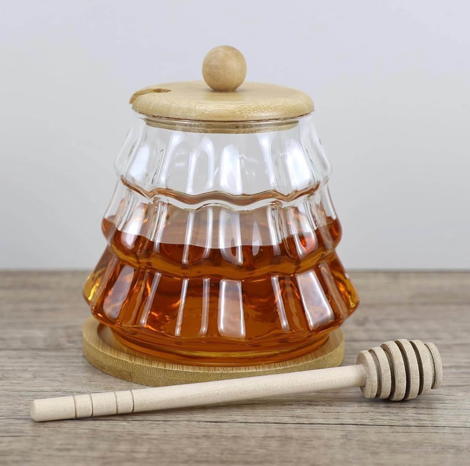 Glass Honey Jar Set 350ml with Wooden Dipper