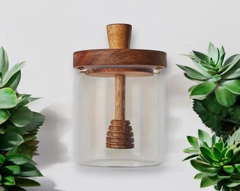 Glass Honey Jar 400ml with Sealed Wood Lid and Pour Stick