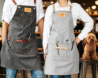 Personalized Canvas Work Apron, Custom Logo Barista Chef Barber Woodworker Aprons