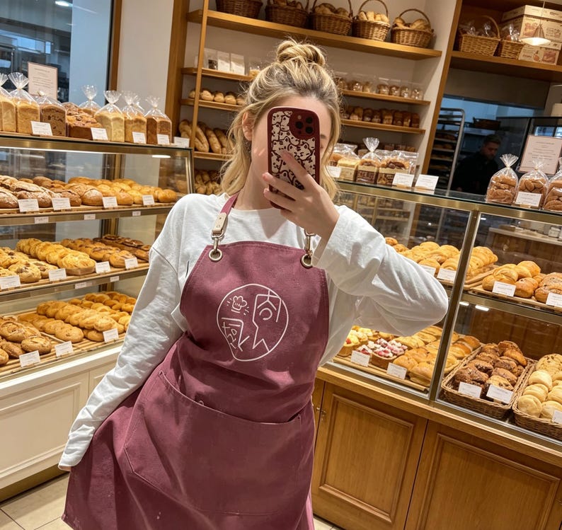 May include: A bakery scene with a variety of baked goods displayed in glass cases and on wooden shelves. A person wearing a maroon apron with a white graphic is in the foreground. Baskets and loaves of bread are visible.