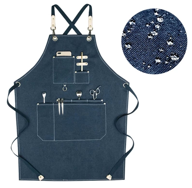 May include: A dark blue denim apron with multiple pockets and adjustable straps. The apron has a water-resistant finish and is perfect for a variety of tasks.