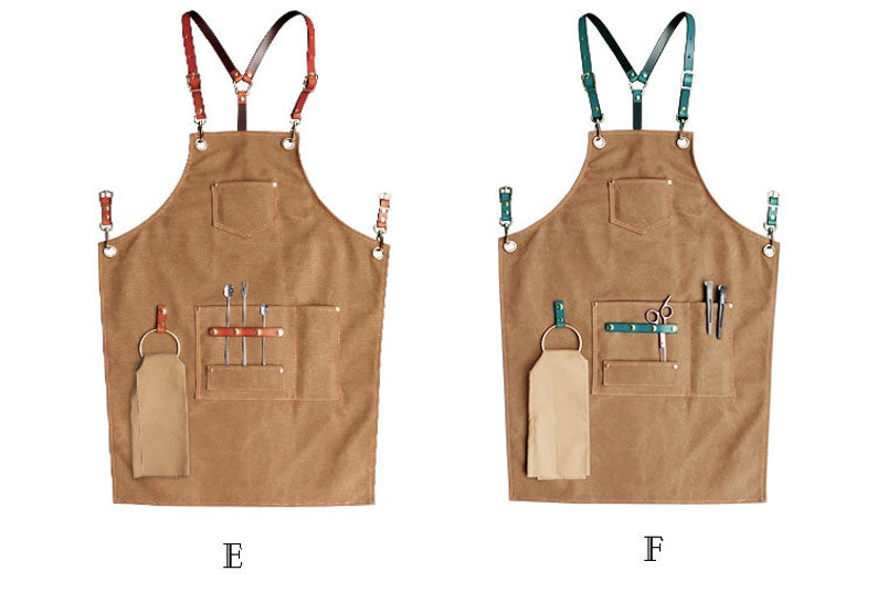 Personalized Apron For Women And Men With Leather Cross-Back Straps 3 Pockets 6 Patterns