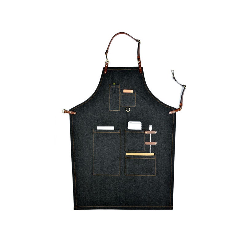 Raw Denim Apron With Pockets Brown Leather Strap Barista Baker Etsy