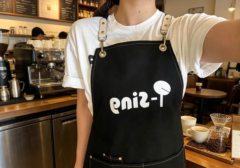 May include: Black apron with white text and a logo. The apron has adjustable straps and is worn over a white t-shirt. The background shows a coffee shop with coffee-making equipment and tables.