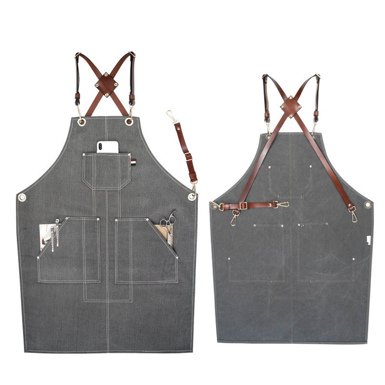 Leather Cross-back Straps Apronfull Barber Gray Canvas Apron | Etsy
