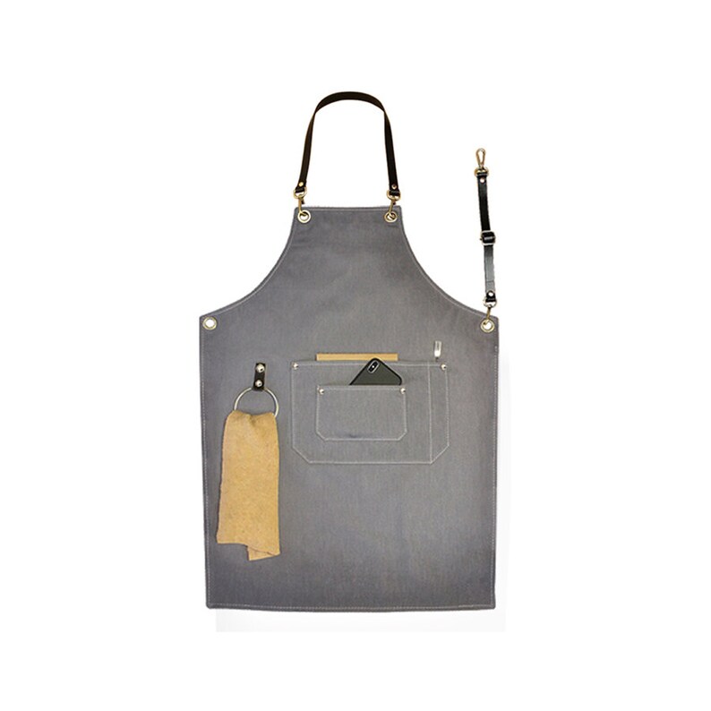 Long Gray Denim Apron With Pockets Leather Straps Work Apron Etsy