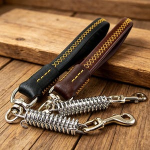 Heavy-Duty Leather Traffic Leash for Medium Large Dogs | Hand-Sewn, Shock-Absorbing Spring, Swivel Hook