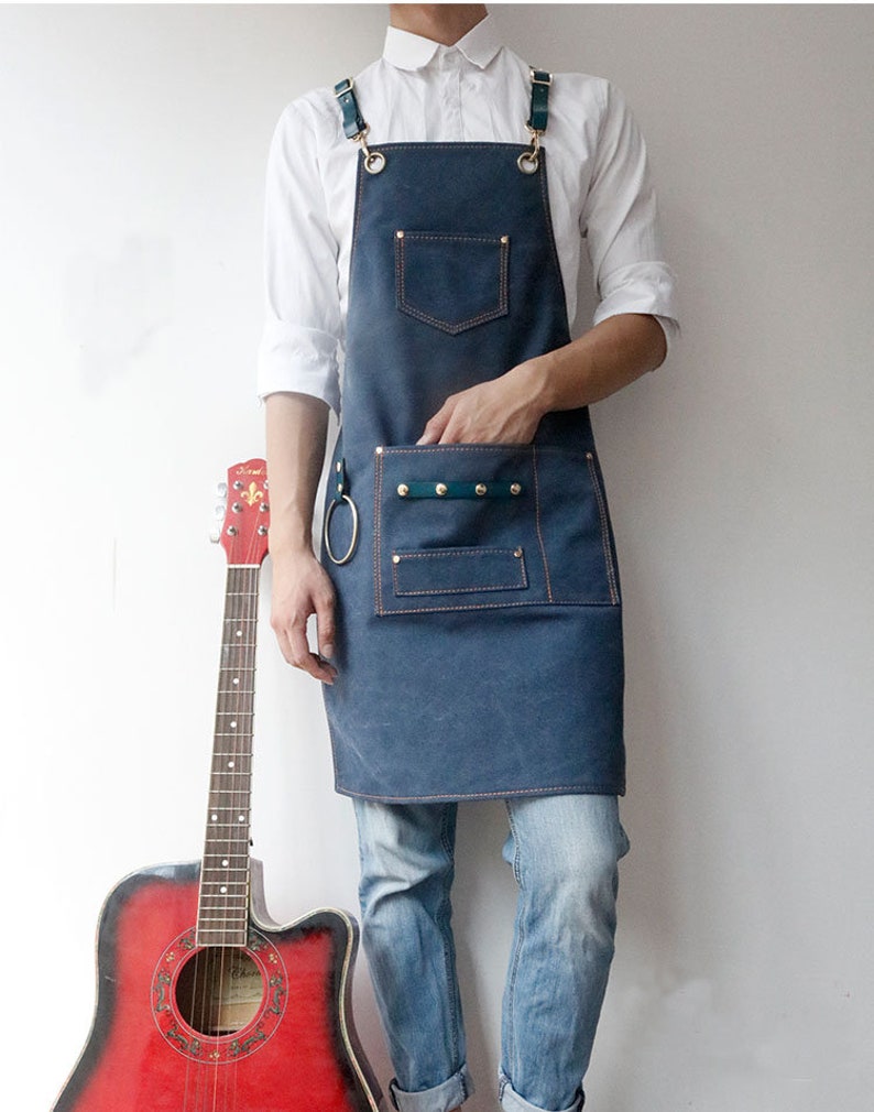 Personalized Apron For Women And Men With Leather Cross-Back Straps 3 Pockets 6 Patterns