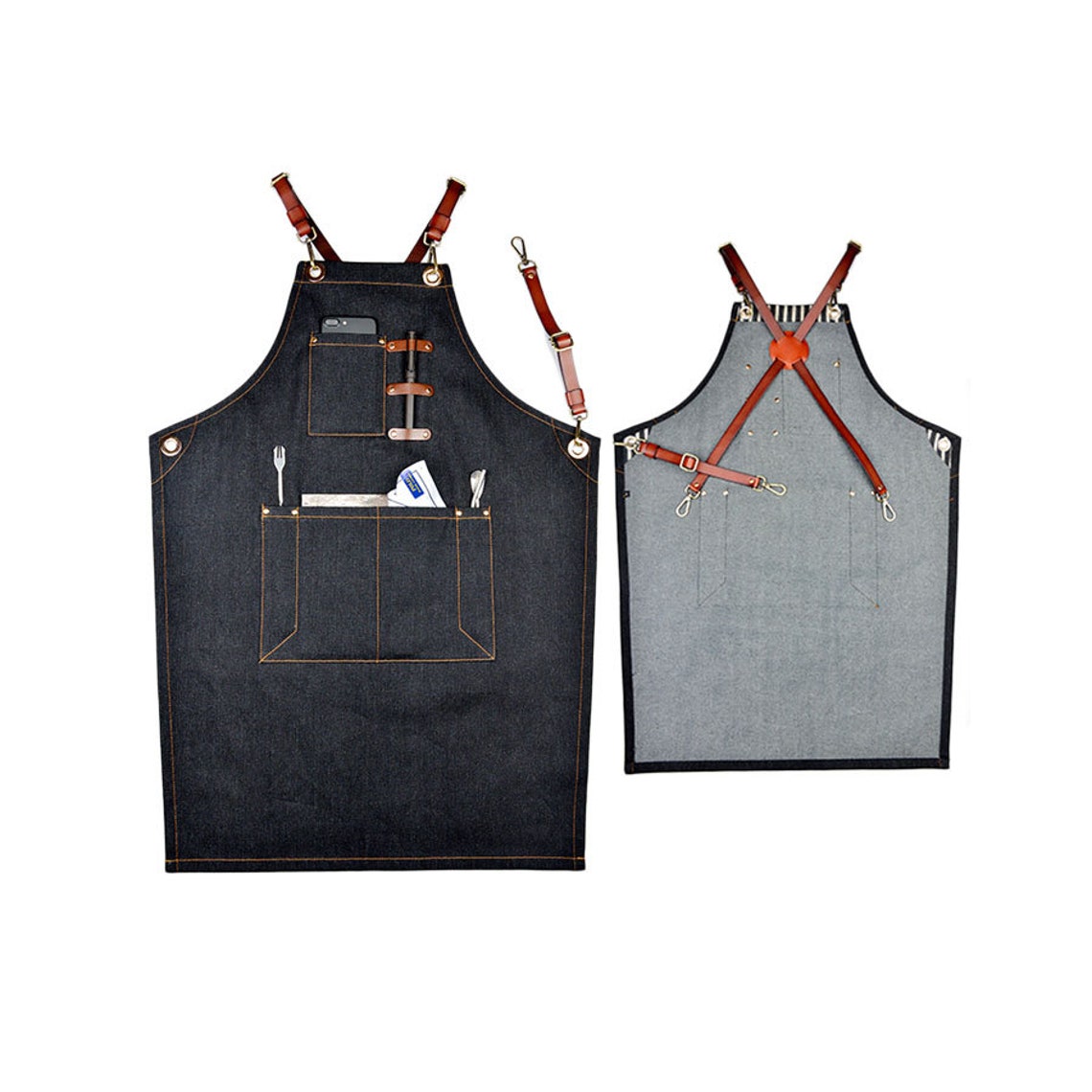 Raw Denim Apron Black Barber Aprons With Pockets Vintage X Etsy