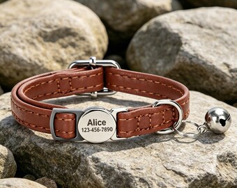 Gepersonaliseerd kattenhalsband van microvezel leer met veiligheidsgesp | Op maat gegraveerd kittenhalsband met bel