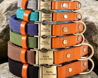 Gepersonaliseerde leren canvas hondenhalsband | Op maat gegraveerde naam huisdierhalsband