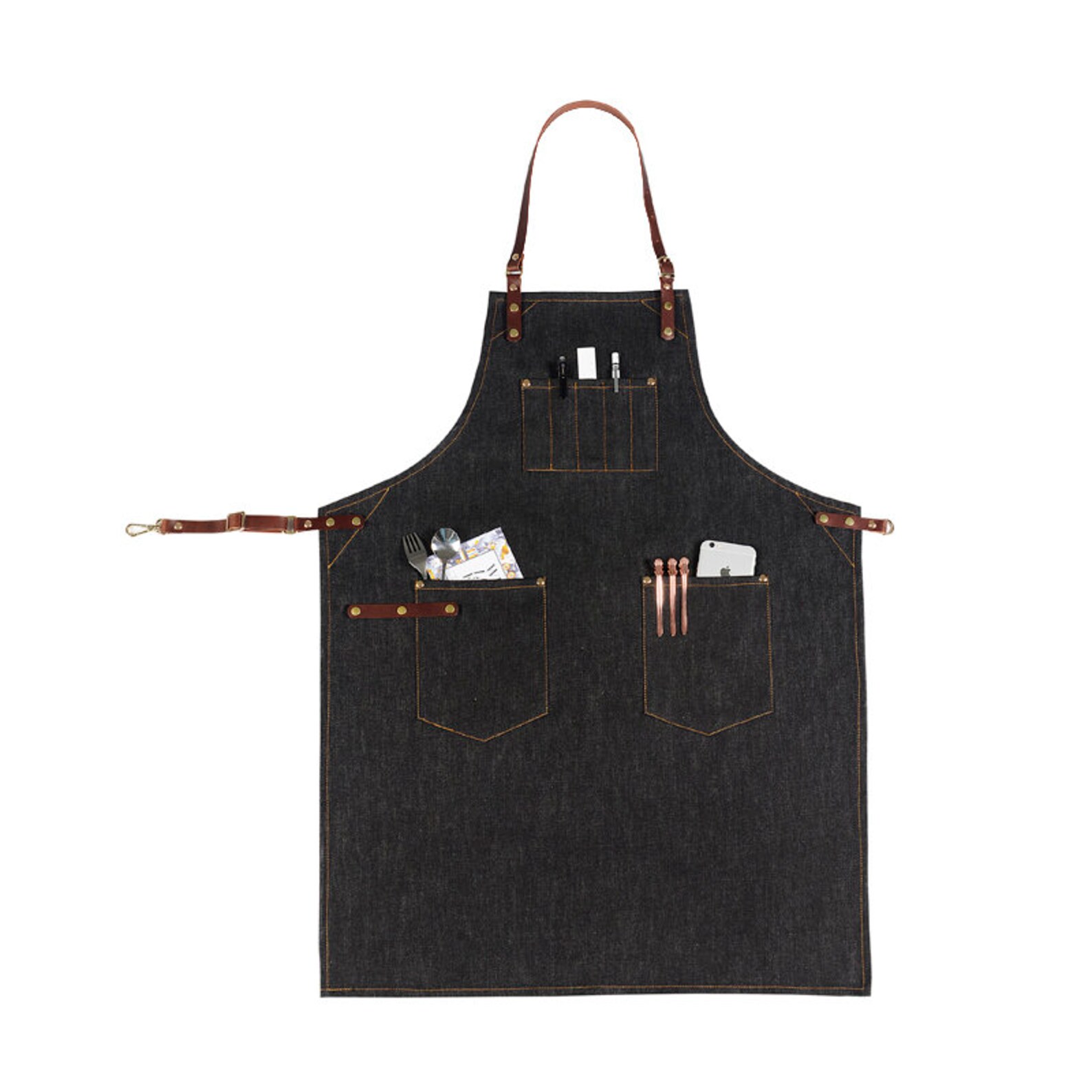 Black Stylist Denim Apron Dress With Leather Strap and Pockets Etsy