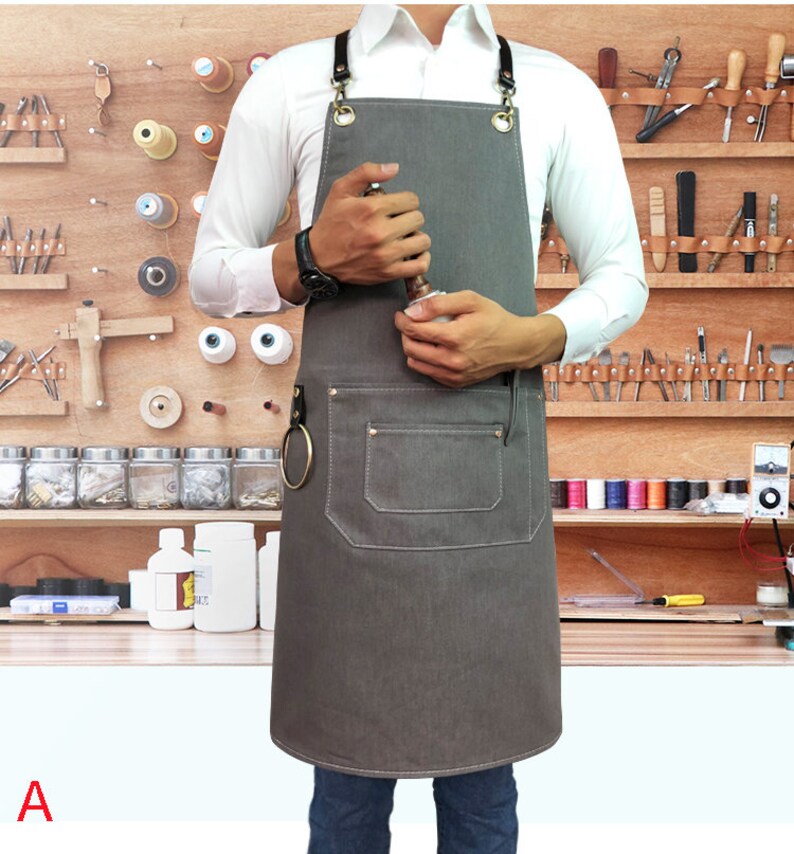 Long Gray Denim Apron With Pockets Leather Straps Work Apron Etsy