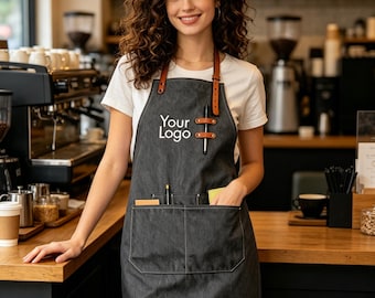 Gepersonaliseerd Dark Gray Denim Schort Met Lederen Riemen Voor Vrouwen En Mannen, Gepersonaliseerd Schort Met Logo En Naam Als Cadeau