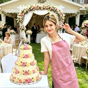 May include: A four-tiered wedding cake decorated with pink and yellow roses. The cake sits on a silver platter. A person wearing a pink apron with the word "LAGOM" and a logo is standing next to the cake. The background shows a wedding ceremony.