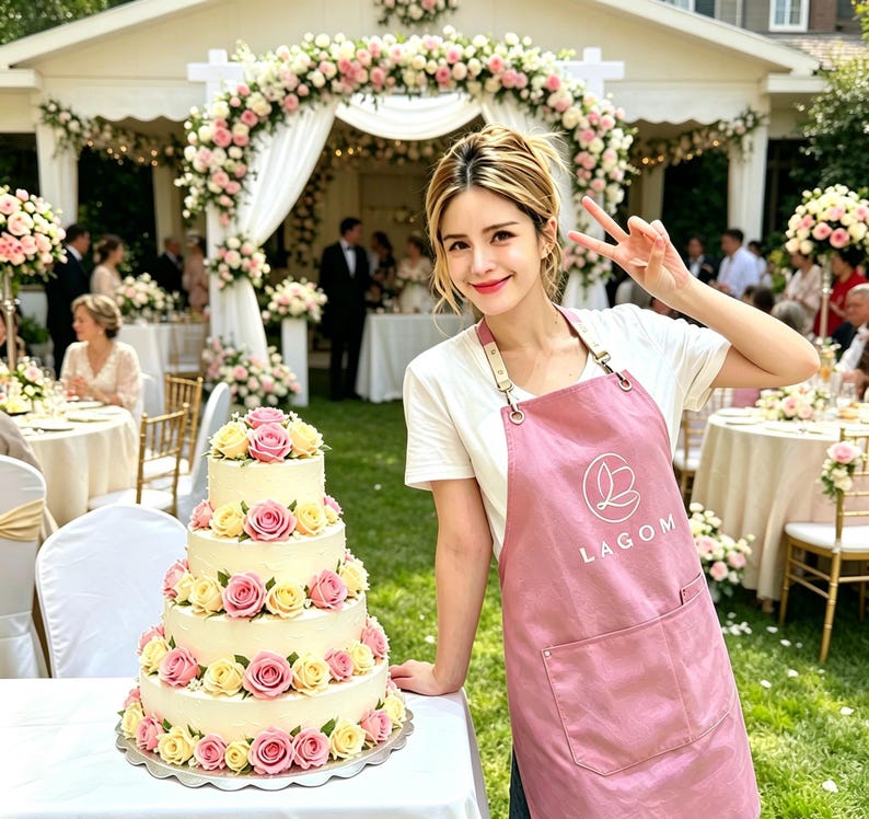 May include: A four-tiered wedding cake decorated with pink and yellow roses. The cake sits on a silver platter. A person wearing a pink apron with the word "LAGOM" and a logo is standing next to the cake. The background shows a wedding ceremony.