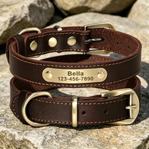 Personalized Leather Dog Collar, Custom Engraved Pet Name Tag, Phone Number ID, Multiple Colors