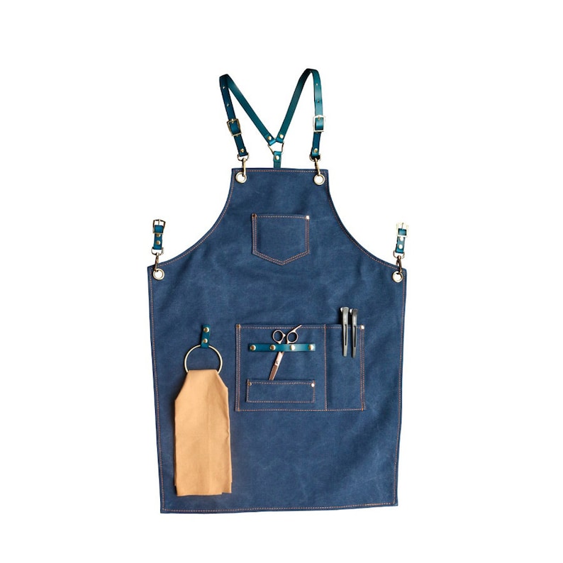 Personalized Apron For Women And Men With Leather Cross-Back Straps 3 Pockets 6 Patterns